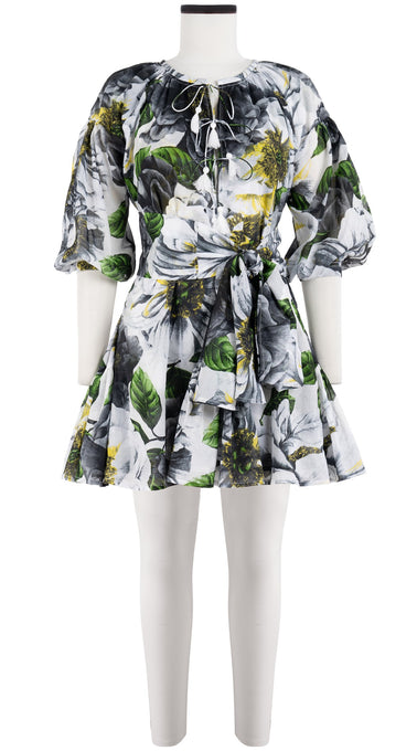 Birdy Dress Crew Neck Slit 3/4 Puff Sleeve with Hamilton Belt Mini Length Cotton Musola (Casanova Rose All Over Bright)