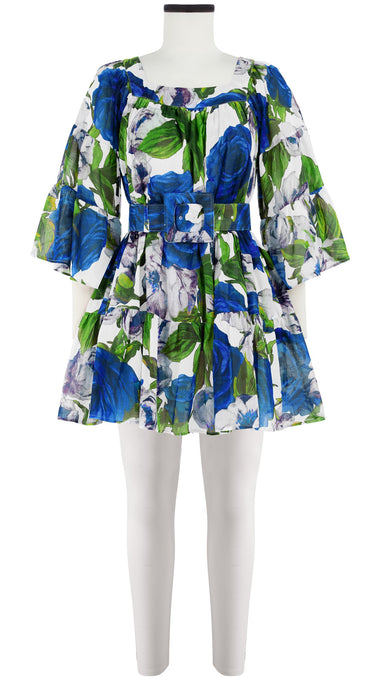 Cozette Dress Square Neck 3/4 Sleeve with Hamilton Belt Mini Length Cotton Musola (Casanova Rose All Over Bright)