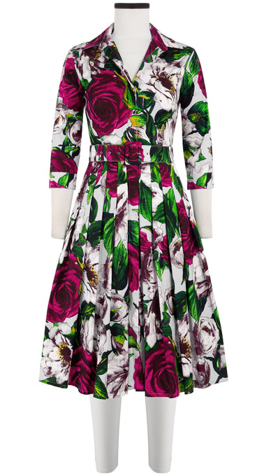 Audrey Dress #4 Shirt Collar 3/4 Sleeve Long Length Cotton Stretch (Casanova Rose All Over Bright)