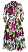 Audrey Dress #4 Shirt Collar 3/4 Sleeve Long Length Cotton Musola (Casanova Rose All Over Bright)