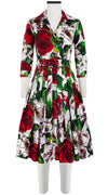 Audrey Dress #4 Shirt Collar 3/4 Sleeve Long Length Cotton Stretch (Casanova Rose All Over Bright)