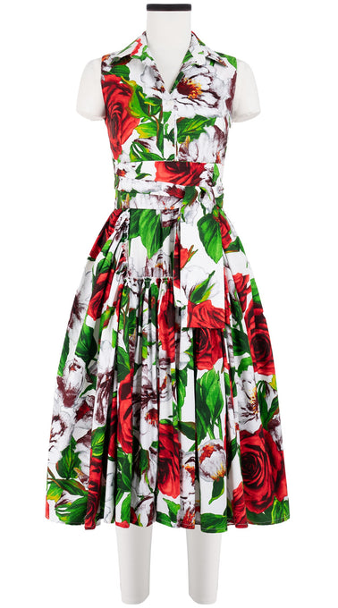 Clara Dress Shirt Collar Sleeveless Long Length Cotton Stretch (Casanova Rose All Over Bright)