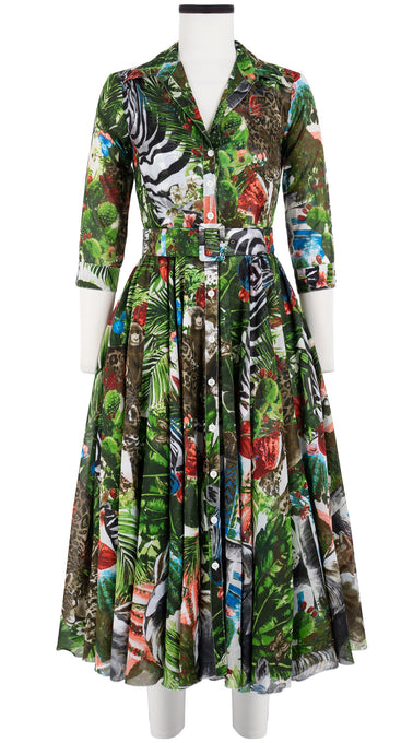 Aster Dress Shirt Collar 3/4 Sleeve Midi Length Cotton Musola (Congo Jungle Large)