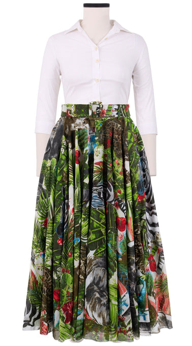 Aster Skirt #1 with Belt Midi Length Cotton Musola (Congo Jungle Large)
