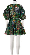 Birdy Dress Crew Neck Slit 3/4 Puff Sleeve with Hamilton Belt Mini Length Cotton Musola (Congo Jungle Small)