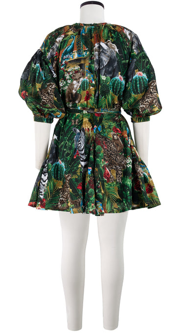 Birdy Dress Crew Neck Slit 3/4 Puff Sleeve with Hamilton Belt Mini Length Cotton Musola (Congo Jungle Small)