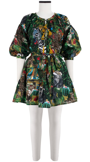Birdy Dress Crew Neck Slit 3/4 Puff Sleeve with Hamilton Belt Mini Length Cotton Musola (Congo Jungle Small)