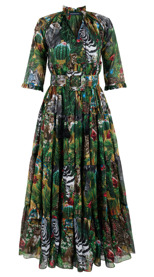 Eden Dress Crew Neck 3/4 Sleeve with Hamilton Belt Maxi Length Cotton Musola (Congo Jungle Small)