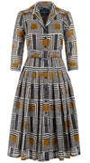 Audrey Dress #4 Shirt Collar 3/4 Sleeve Long Length Cotton Musola (Cubism Check)