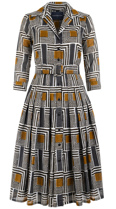Audrey Dress #4 Shirt Collar 3/4 Sleeve Long Length Cotton Musola (Cubism Check)