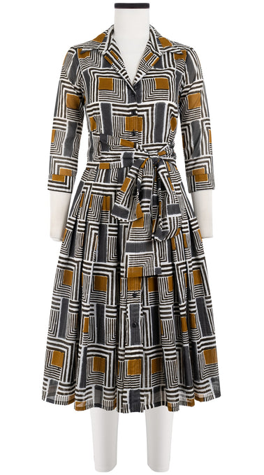Audrey Dress #4 Shirt Collar 3/4 Sleeve Long Length Cotton Musola (Cubism Check)