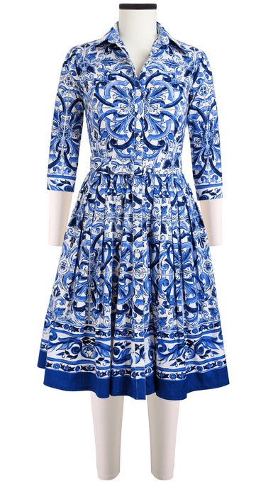 Audrey Dress #1 Shirt Collar 3/4 Sleeve Cotton Stretch_Del Mar Tile_White Cobalt Blue