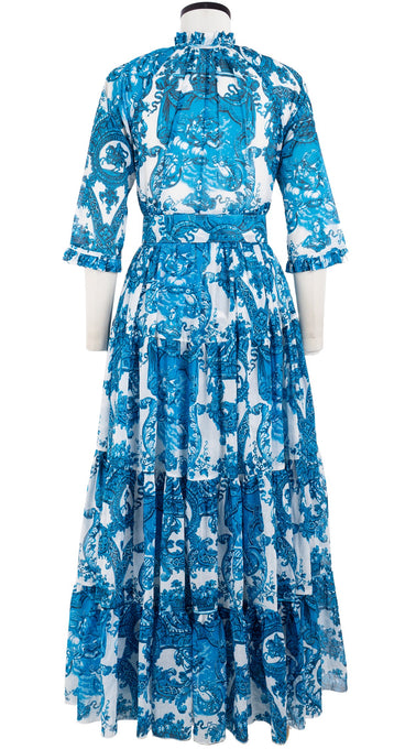 Eden Dress Crew Neck 3/4 Sleeve with Hamilton Belt Maxi Length Cotton Musola (Delft Dutcese)