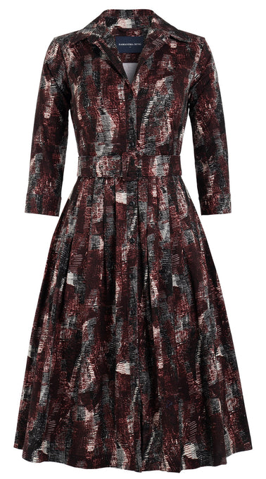 Audrey Dress #6 Shirt Collar 3/4 Sleeve Long Length Cotton Stretch (Eching Multi)