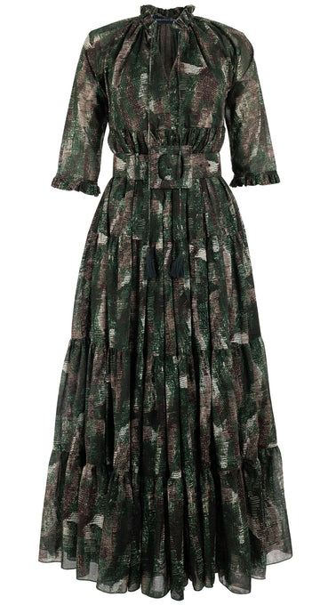 Eden Dress Crew Neck 3/4 Sleeve with Hamilton Belt Maxi Length Cotton Musola (Eching Multi)