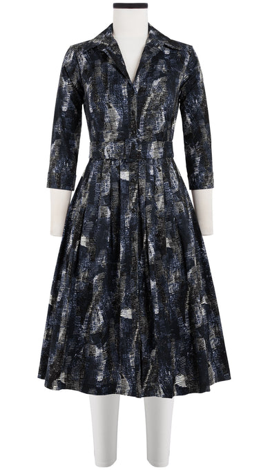 Audrey Dress #6 Shirt Collar 3/4 Sleeve Long Length Cotton Stretch (Eching Multi)