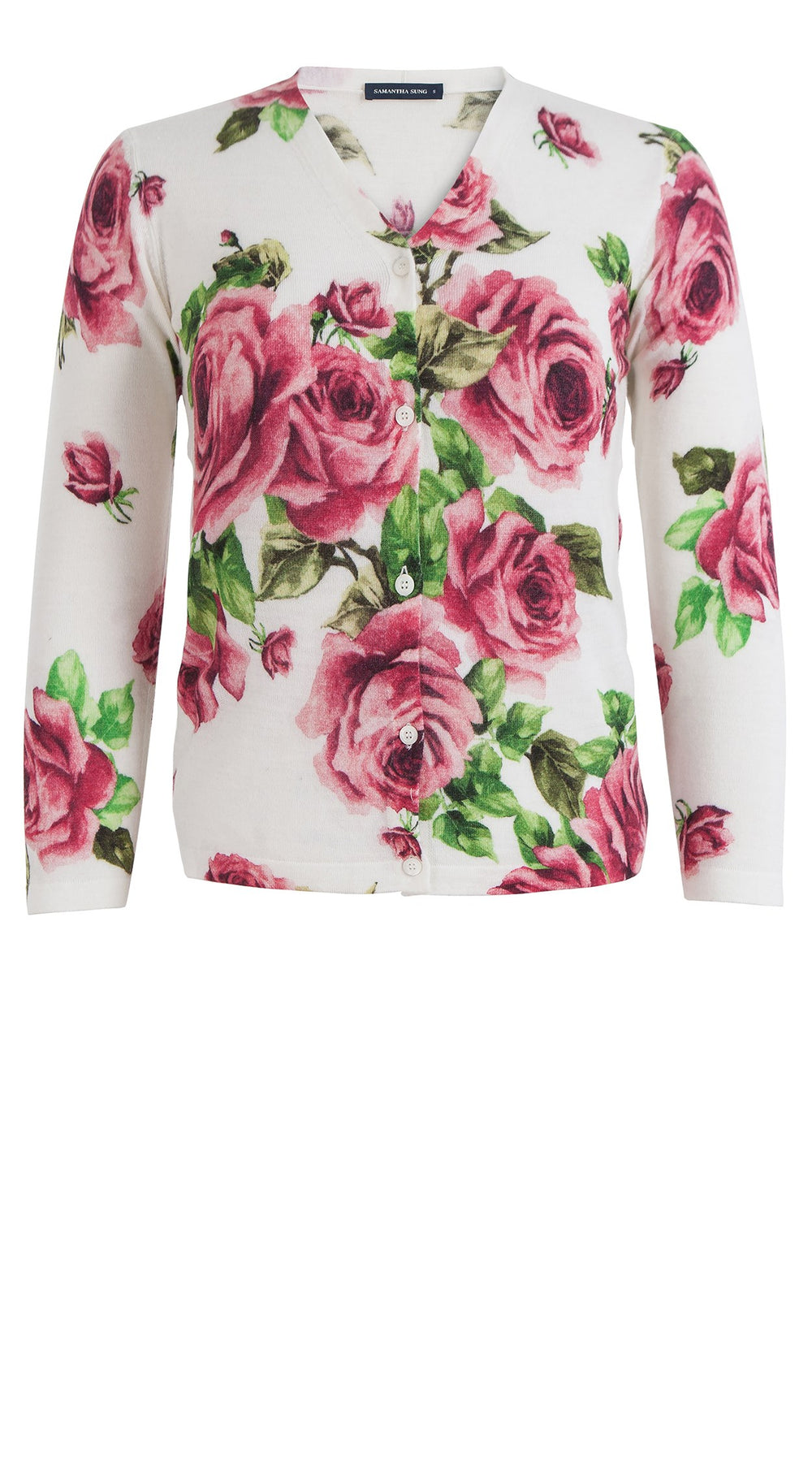 Charlotte Cardigan V Neck 3/4 Sleeve Silk Cashmere_Eden Rose White_White Pink