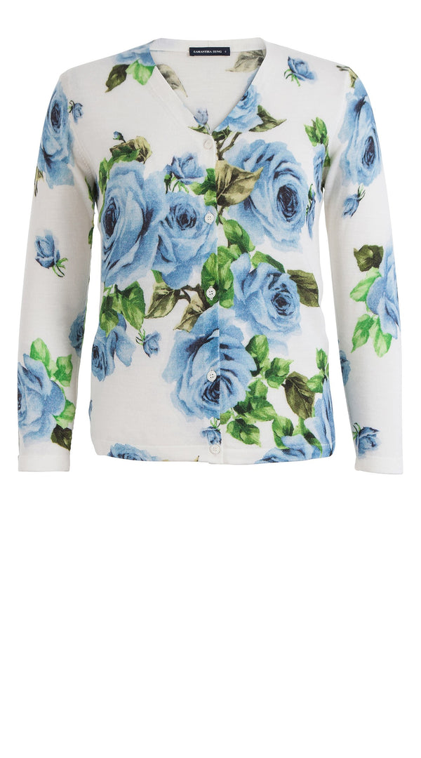 Charlotte Cardigan V Neck 3/4 Sleeve Silk Cashmere_Eden Rose White_White Sky  Blue