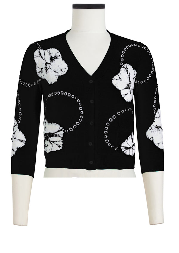 Charlotte Cardigan V Neck 3/4 Sleeve_70% Silk 30% Cashmere (Flower Ring Shibori)