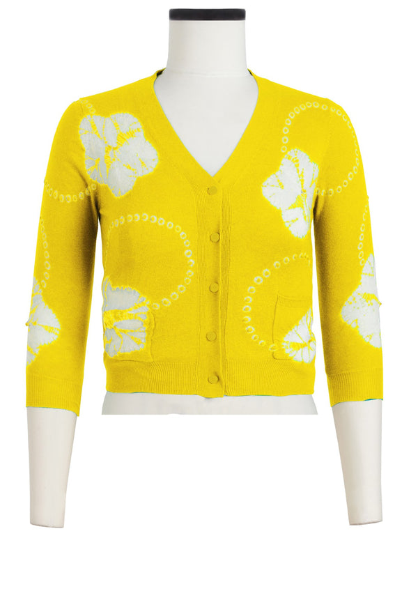 Charlotte Cardigan V Neck 3/4 Sleeve_70% Silk 30% Cashmere (Flower Ring Shibori)