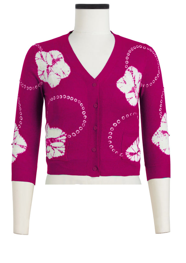 Charlotte Cardigan V Neck 3/4 Sleeve_70% Silk 30% Cashmere (Flower Ring Shibori)