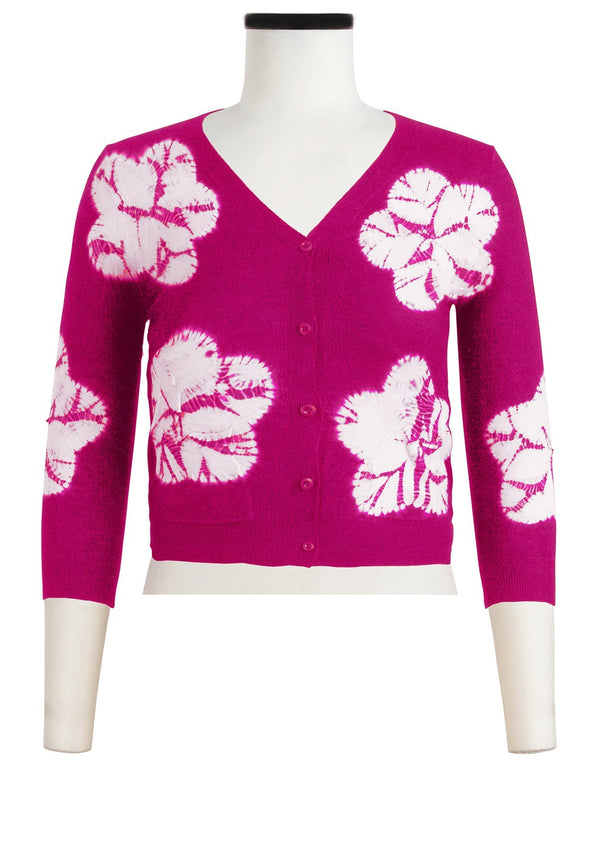 Charlotte Cardigan V Neck 3/4 Sleeve_70% Silk 30% Cashmere (Flower Shibori)