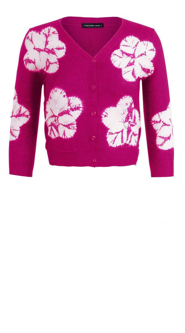 Charlotte Cardigan V Neck 3/4 Sleeve_70% Silk 30% Cashmere (Flower Shibori)