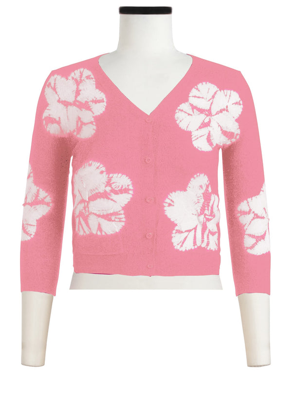 Charlotte Cardigan V Neck 3/4 Sleeve_70% Silk 30% Cashmere (Flower Shibori)