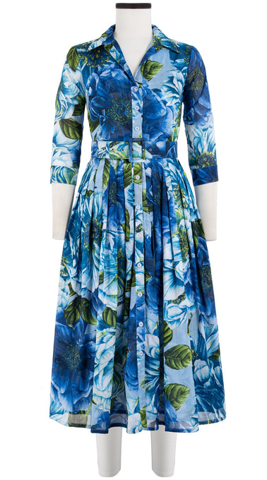 Audrey Dress #2 Shirt Collar 3/4 Sleeve Midi Length Cotton Musola (Giant Poppy Ground)