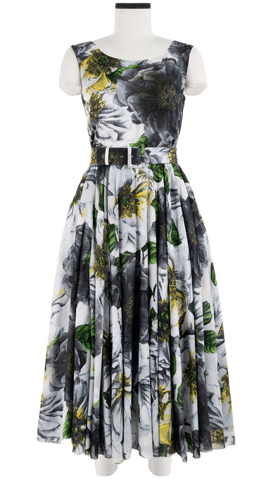 Aster Dress Boat Neck Mini Cap Sleeve Midi Length Cotton Musola (Giant Poppy White)