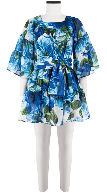Cozette Dress Square Neck 3/4 Sleeve with Hamilton Belt Mini Length Cotton Musola (Giant Poppy White)