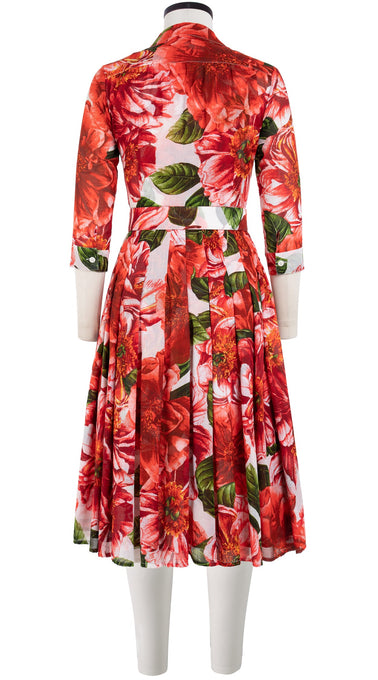 Audrey Dress #4 Shirt Collar 3/4 Sleeve Long Length Cotton Musola (Giant Poppy White)