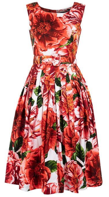Florance Dress #2 Boat Neck Mini Cap Sleeve Long Length Cotton Stretch (Giant Poppy White)