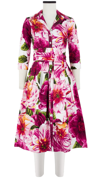 Audrey Dress #1 Shirt Collar 3/4 Sleeve Long Length Cotton Stretch (Giant Poppy White)