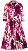 Audrey Dress #2 Shirt Collar 3/4 Sleeve Long Length Cotton Stretch (Giant Poppy White)