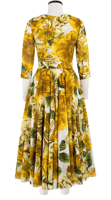Aster Dress Crew Neck 3/4 Sleeve Midi Length Cotton Musola (Giant Poppy White)