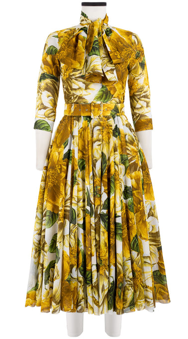 Aster Dress Crew Neck 3/4 Sleeve Midi Length Cotton Musola (Giant Poppy White)