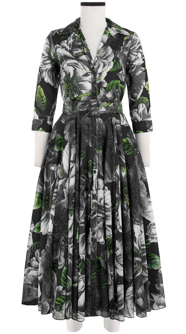 Aster Dress Shirt Collar 3/4 Sleeve Midi Length Cotton Musola (Giant Poppy Ground)