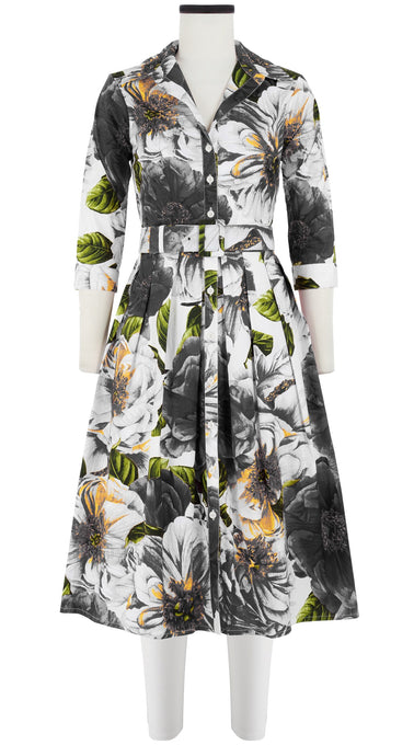 Audrey Dress #1 Shirt Collar 3/4 Sleeve Long Length Cotton Stretch (Giant Poppy White)