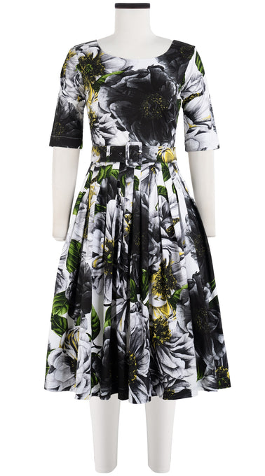 Florance Dress #2 Boat Neck 1/2 Sleeve Cotton Stretch (Giant Poppy White)