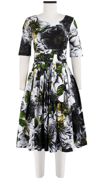 Florance Dress #2 Boat Neck 1/2 Sleeve Cotton Stretch (Giant Poppy White)