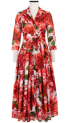 Audrey Dress #4 Shirt Collar 3/4 Sleeve Midi Plus Length Cotton Musola (Giant Poppy White)