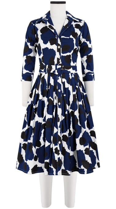 Audrey Dress #2 Shirt Collar 3/4 Sleeve Long Length Cotton Stretch (Giraffe Dot)