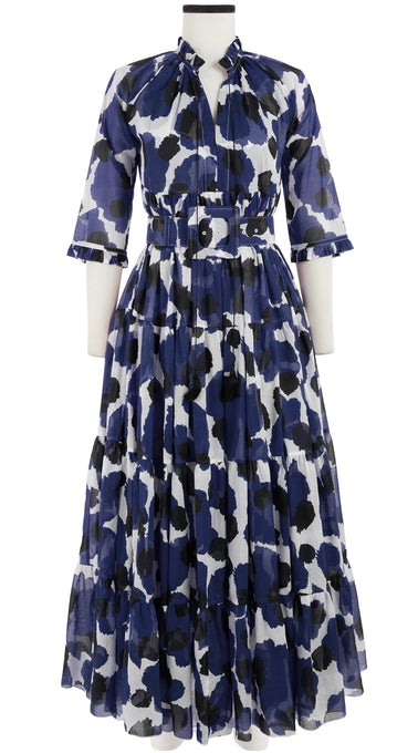 Eden Dress Crew Neck 3/4 Sleeve with Hamilton Belt Maxi Length Cotton Musola (Giraffe Dot)