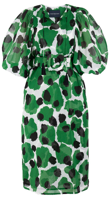 Anastasia Dress Crew Neck Slit 3/4 Puff Sleeve with Hamilton Belt Midi Length Cotton Musola (Giraffe Dot)