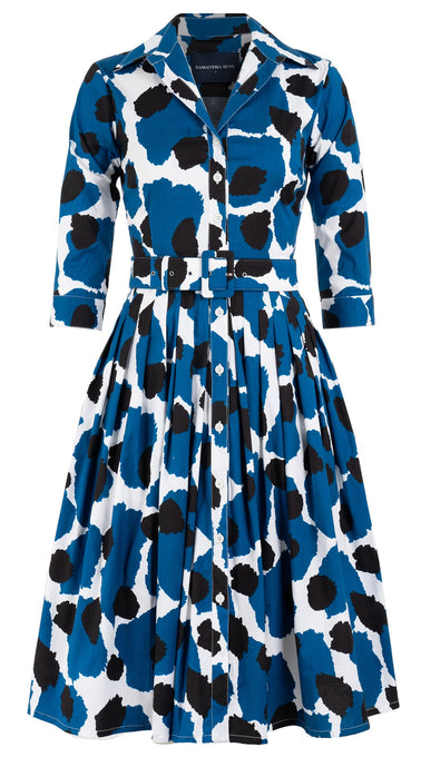 Audrey Dress #2 Shirt Collar 3/4 Sleeve Long Length Cotton Stretch (Giraffe Dot)