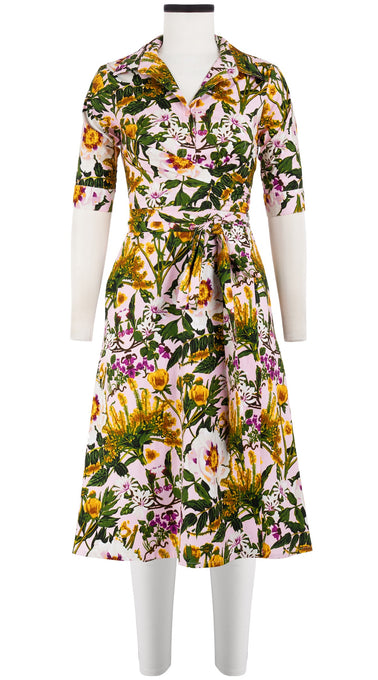Olivia Dress Shirt Collar 1/2 Sleeve Long Length Cotton Stretch (Goldenrod Flower)