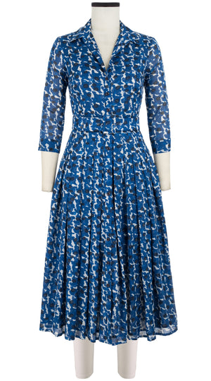 Abito Audrey n. 4, colletto a camicia, maniche a 3/4, lunghezza midi, in cotone (con motivo a pois)