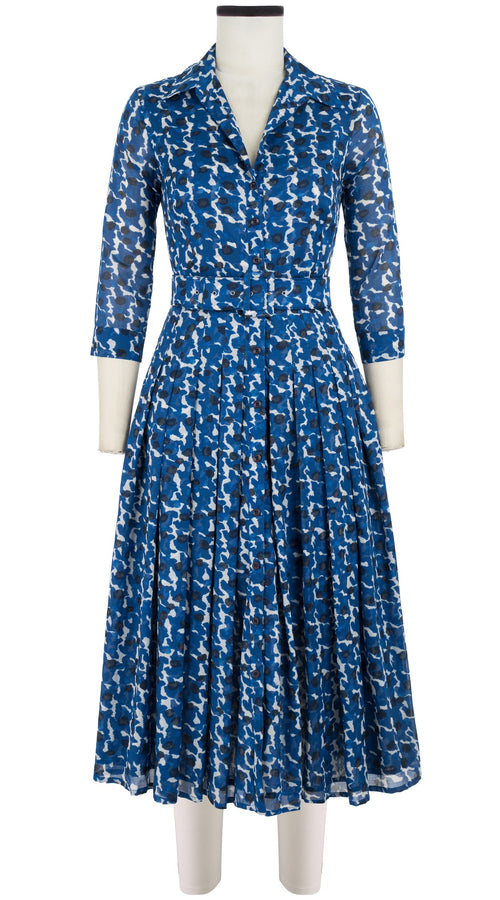 Abito Audrey n. 4, colletto a camicia, maniche a 3/4, lunghezza midi, in cotone (con motivo a pois)