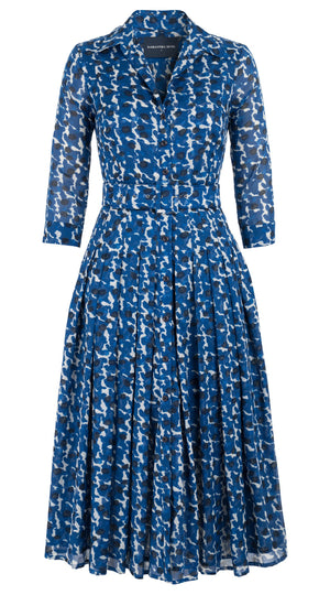 Abito Audrey n. 4, colletto a camicia, maniche a 3/4, lunghezza midi, in cotone (con motivo a pois)